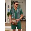 COOFANDY Men’s 2 Piece Outfit Vintage Short Sleeve Button Down Knit Polo Shirts Casual Beach Shorts Sets(Dark Green)