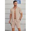 COOFANDY Men’s 2 Piece Outfit Vintage Short Sleeve Button Down Knit Polo Shirts Casual Beach Shorts Sets(Khaki)