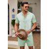 COOFANDY Men’s 2 Piece Outfit Vintage Short Sleeve Button Down Knit Polo Shirts Casual Beach Shorts Sets(Light Green)