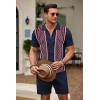 COOFANDY Men’s 2 Piece Outfit Vintage Short Sleeve Button Down Knit Polo Shirts Casual Beach Shorts Sets(Navy Blue)
