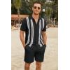 COOFANDY Men’s 2 Piece Outfits Summer Short Sets Vintage Knit Button Down Shirt Short Sleeve Polo Casual Beach Suits(Black)