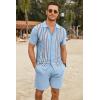 COOFANDY Men’s 2 Piece Outfits Summer Short Sets Vintage Knit Button Down Shirt Short Sleeve Polo Casual Beach Suits(Blue)