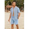 COOFANDY Men’s 2 Piece Outfits Summer Short Sets Vintage Knit Button Down Shirt Short Sleeve Polo Casual Beach Suits(Blue)