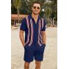COOFANDY Men’s 2 Piece Outfits Summer Short Sets Vintage Knit Button Down Shirt Short Sleeve Polo Casual Beach Suits(Navy Blue)