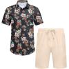 COOFANDY Men’s 2 Piece Summer Beach Outfits Tropical Short Sleeve Button Down Shirts and Shorts Hawaiian Vacation Sets(Black Flower)
