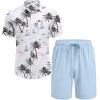 COOFANDY Men’s 2 Piece Summer Beach Outfits Tropical Short Sleeve Button Down Shirts and Shorts Hawaiian Vacation Sets(Island Light Blue)
