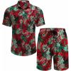 COOFANDY Men’s 2 Piece Summer Beach Outfits Tropical Short Sleeve Button Down Shirts and Shorts Hawaiian Vacation Sets(Leaf Green Red)