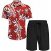 COOFANDY Men’s 2 Piece Summer Beach Outfits Tropical Short Sleeve Button Down Shirts and Shorts Hawaiian Vacation Sets(Leaf Red)