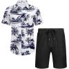 COOFANDY Men’s 2 Piece Summer Beach Outfits Tropical Short Sleeve Button Down Shirts and Shorts Hawaiian Vacation Sets(Navy Palm Leaf)