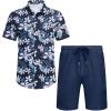 COOFANDY Men’s 2 Piece Summer Beach Outfits Tropical Short Sleeve Button Down Shirts and Shorts Hawaiian Vacation Sets(Navy White Flower)