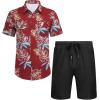 COOFANDY Men’s 2 Piece Summer Beach Outfits Tropical Short Sleeve Button Down Shirts and Shorts Hawaiian Vacation Sets(Red Tropical Leaf)