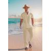 COOFANDY Men’s 2 Pieces Cotton Linen Set Casual Short Sleeve Henley Shirts Beach Yoga Pants Summer Outfits(Light Khaki)