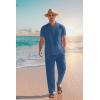 COOFANDY Men’s 2 Pieces Cotton Linen Set Casual Short Sleeve Henley Shirts Beach Yoga Pants Summer Outfits(Light Navy)