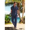 COOFANDY Men’s 2 Pieces Cotton Linen Set Casual Short Sleeve Henley Shirts Beach Yoga Pants Summer Outfits(Navy Blue)