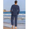 COOFANDY Men’s 2 Pieces Cotton Linen Set Henley Shirt Long Sleeve and Casual Beach Pants Summer Yoga Outfits(Navy Blue)