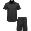COOFANDY Men’s 2 Pieces Cotton Linen Set Short Sleeve Button Down Shirts Summer Beach Shorts Casual Outfits(Black)