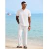 COOFANDY Mens 2 Pieces Cotton Linen Sets Short Sleeve Casual Henley Shirt Summer Beach Pants Lounge Vacation Outfits Set(A-white)