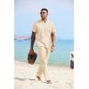 COOFANDY Mens 2 Pieces Cotton Linen Sets Short Sleeve Casual Henley Shirt Summer Beach Pants Lounge Vacation Outfits Set(Beige)