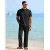 COOFANDY Mens 2 Pieces Cotton Linen Sets Short Sleeve Casual Henley Shirt Summer Beach Pants Lounge Vacation Outfits Set(Black)