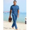 COOFANDY Mens 2 Pieces Cotton Linen Sets Short Sleeve Casual Henley Shirt Summer Beach Pants Lounge Vacation Outfits Set(Blue)