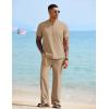 COOFANDY Mens 2 Pieces Cotton Linen Sets Short Sleeve Casual Henley Shirt Summer Beach Pants Lounge Vacation Outfits Set(Khaki)