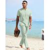COOFANDY Mens 2 Pieces Cotton Linen Sets Short Sleeve Casual Henley Shirt Summer Beach Pants Lounge Vacation Outfits Set(Light Green)