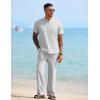 COOFANDY Mens 2 Pieces Cotton Linen Sets Short Sleeve Casual Henley Shirt Summer Beach Pants Lounge Vacation Outfits Set(Light Grey)