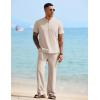 COOFANDY Mens 2 Pieces Cotton Linen Sets Short Sleeve Casual Henley Shirt Summer Beach Pants Lounge Vacation Outfits Set(Light Khaki)