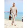 COOFANDY Mens 2 Pieces Cotton Linen Sets Short Sleeve Casual Henley Shirt Summer Beach Pants Lounge Vacation Outfits Set(Light Khaki)