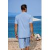 COOFANDY Men’s 2 Pieces Linen Set Casual Henley Shirts Short Sleeve Beach Yoga Shorts Summer Pants Outfits(Blue)