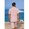COOFANDY Men’s 2 Pieces Linen Set Casual Henley Shirts Short Sleeve Beach Yoga Shorts Summer Pants Outfits(Pink)