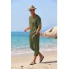 COOFANDY Men’s 2 Pieces Linen Set Henley Shirt Short Sleeve and Harem Capri Pants Wide Leg Baggy Beach Yoga Trousers Outfits(Army Green)