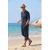 COOFANDY Men’s 2 Pieces Linen Set Henley Shirt Short Sleeve and Harem Capri Pants Wide Leg Baggy Beach Yoga Trousers Outfits(Navy Blue)