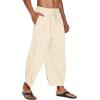 COOFANDY Men’s Cotton Linen Harem Pants Drawstring Casual Cropped Trousers Lightweight Loose Beach Yoga Pants with Pockets(Beige)