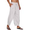 COOFANDY Men’s Cotton Linen Harem Pants Drawstring Casual Cropped Trousers Lightweight Loose Beach Yoga Pants with Pockets(Light Grey)