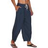 COOFANDY Men’s Cotton Linen Harem Pants Drawstring Casual Cropped Trousers Lightweight Loose Beach Yoga Pants with Pockets(Navy Blue)