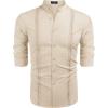 COOFANDY Men’s Cuban Guayabera Shirts Casual Long Sleeve Button Down Shirts Band Collar Linen Summer Beach Shirts(Beige)