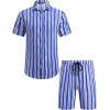 COOFANDY Men’s Hawaiian Matching Set Summer Beach 2 Piece Outfits Flower Button Down Shirts and Shorts Vacation Outfits(Blue & White Stripes)