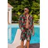 COOFANDY Men’s Hawaiian Matching Set Summer Beach 2 Piece Outfits Flower Button Down Shirts and Shorts Vacation Outfits(Leaf Green Red)