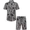 COOFANDY Men’s Hawaiian Matching Set Summer Beach 2 Piece Outfits Flower Button Down Shirts and Shorts Vacation Outfits(Leaves Black & White)