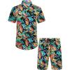 COOFANDY Men’s Hawaiian Matching Set Summer Beach 2 Piece Outfits Flower Button Down Shirts and Shorts Vacation Outfits(Leaves Multicolor)