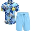 COOFANDY Men’s Hawaiian Matching Set Summer Beach 2 Piece Outfits Flower Button Down Shirts and Shorts Vacation Outfits(Palm Leaf Blue)