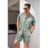 COOFANDY Men’s Hawaiian Shirt and Short Set Flower 2-pieces Beach Outfit with Bucket Hats(Green White Leaves)