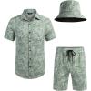 COOFANDY Men’s Hawaiian Shirt and Short Set Flower 2-pieces Beach Outfit with Bucket Hats(Green White Leaves)