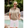COOFANDY Men’s Knit Polo Shirts Casual Short Sleeve Button Down Shirts Crochet Classic Golf Polo Collared Shirts(Khaki With White Stripes)