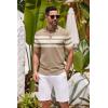 COOFANDY Men’s Knit Polo Shirts Casual Short Sleeve Button Down Shirts Crochet Classic Golf Polo Collared Shirts(Khaki With White Stripes)