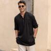 COOFANDY Men’s Linen Henley Shirts Long Sleeve Collarless T-Shirts Longline Kurta Beach Shirts with Pocket(Black)