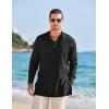 COOFANDY Men’s Linen Henley Shirts Long Sleeve Collarless T-Shirts Longline Kurta Beach Shirts with Pocket(Black)