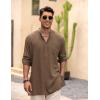 COOFANDY Men’s Linen Henley Shirts Long Sleeve Collarless T-Shirts Longline Kurta Beach Shirts with Pocket(Brown)