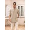 COOFANDY Men’s Linen Henley Shirts Long Sleeve Collarless T-Shirts Longline Kurta Beach Shirts with Pocket(Khaki)